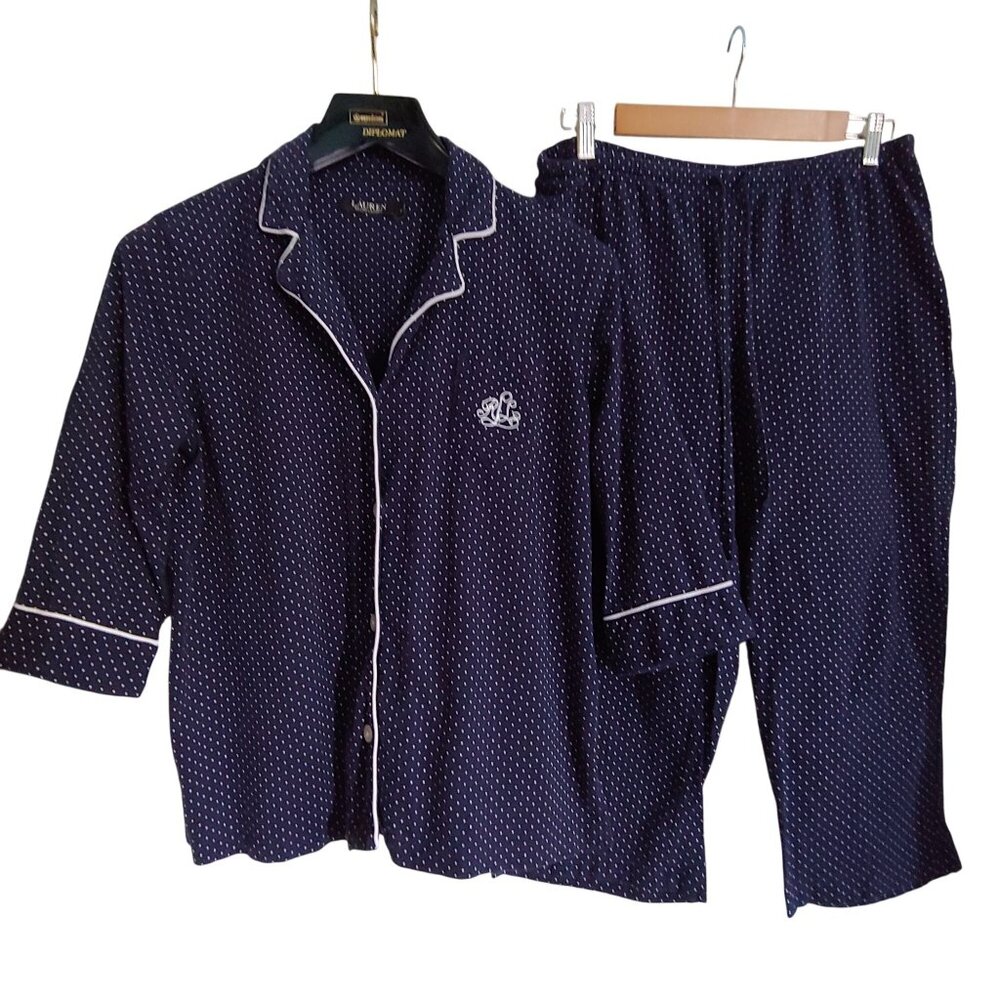 Lauren Ralph Lauren Blue Polka Dot Designer 2 Piece Sleepwear Pajamas M